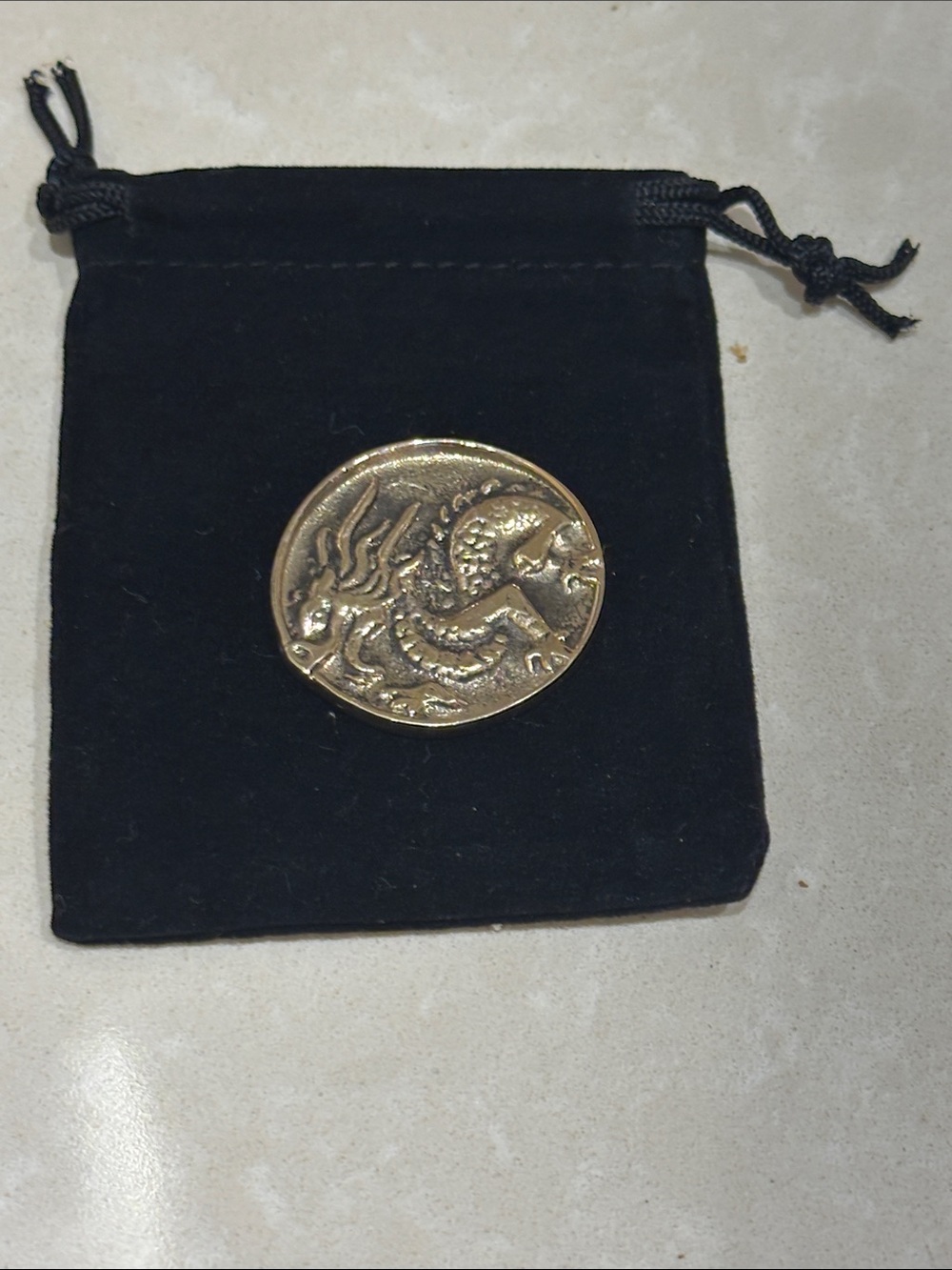 Hand Crafted Gold Dragon Round Medallion on Black Pouch